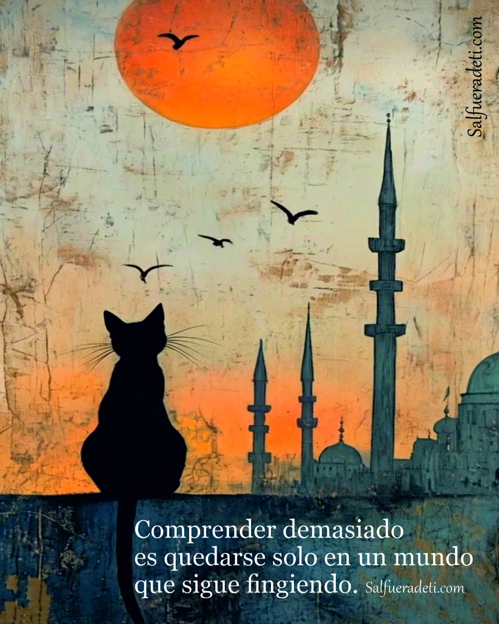 La figura de un gato de espaldas a contraluz observando la ciudad desde un tejado en un atardecer con aves volando y un sol rojo cayendo la tarde