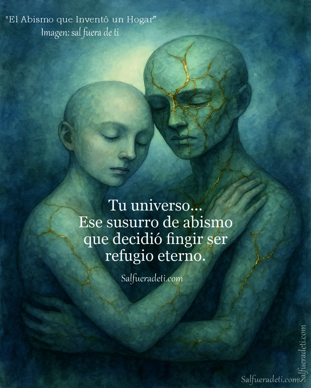 Una obra de arte digital en tonos grises y azules representa a dos figuras humanas andróginas abrazándose. La figura de la derecha tiene los ojos cerrados y su piel parece agrietada, con líneas doradas que rellenan las fisuras, evocando la técnica japonesa del Kintsugi. Su mano izquierda descansa sobre el brazo de la otra figura. La figura de la izquierda también tiene los ojos cerrados y apoya su cabeza contra la de la otra, con una expresión de serenidad o tristeza. Sus brazos rodean la cintura de la figura agrietada. El fondo es un degradado suave de grises y azules, creando una atmósfera melancólica y de conexión íntima. Un texto superpuesto dice: "Tu universo... Ese susurro de abismo que decidió fingir ser refugio eterno."