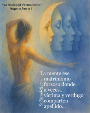 Ilustración en acuarela con estilo etéreo y melancólico. Una figura femenina desnuda de espaldas se extiende hacia la derecha con el brazo completamente estirado, en dirección a una luna creciente compuesta por cuatro rostros femeninos que se desvanecen gradualmente en la neblina. La escena está envuelta en una atmósfera onírica con tonos fríos de azul y violeta, contrastados por una cálida luz dorada que baña suavemente el cuerpo de la mujer. La imagen transmite una sensación de introspección, conexión espiritual y delicada fragilidad emocional.