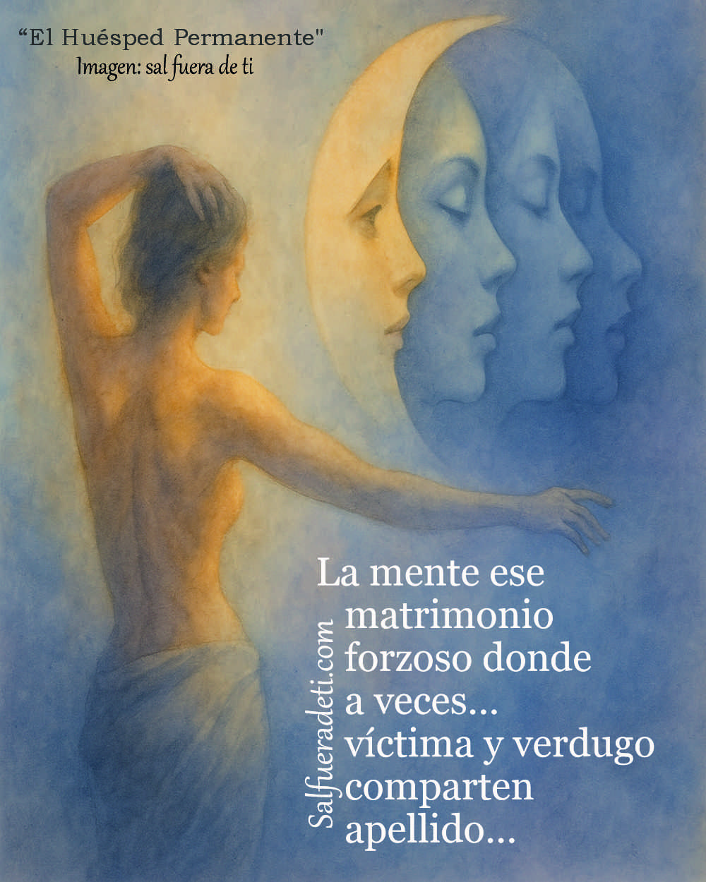 Ilustración en acuarela con estilo etéreo y melancólico. Una figura femenina desnuda de espaldas se extiende hacia la derecha con el brazo completamente estirado, en dirección a una luna creciente compuesta por cuatro rostros femeninos que se desvanecen gradualmente en la neblina. La escena está envuelta en una atmósfera onírica con tonos fríos de azul y violeta, contrastados por una cálida luz dorada que baña suavemente el cuerpo de la mujer. La imagen transmite una sensación de introspección, conexión espiritual y delicada fragilidad emocional.