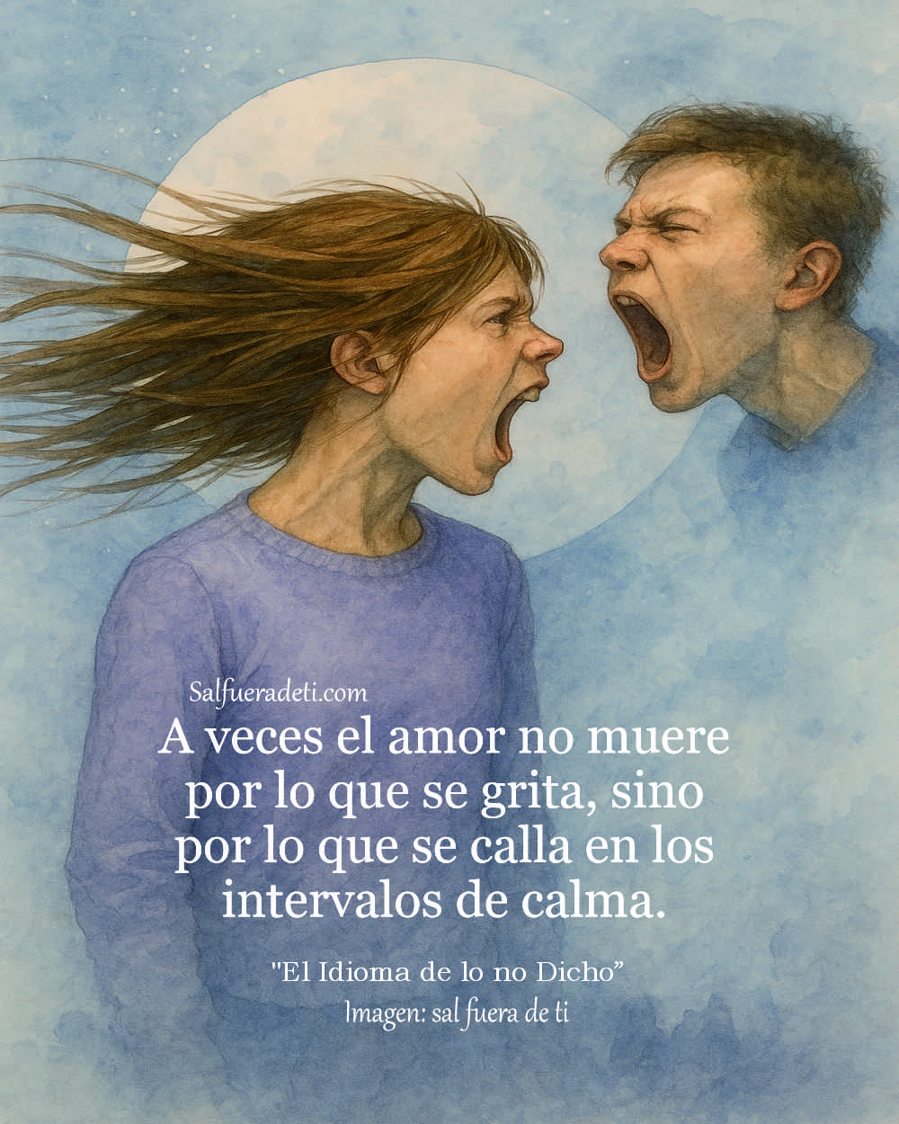Una pintura en acuarela de estilo semirrealista muestra a una joven y un joven en una escena cargada de emoción. Ambos están de perfil, enfrentándose directamente mientras gritan con la boca abierta. El cabello largo de la chica es arrastrado por el viento hacia atrás, lo que intensifica la sensación de tensión y energía. Ella viste un suéter lila y su rostro expresa rabia y determinación. El fondo es nebuloso, con tonos fríos de azul y un gran círculo blanco detrás de ellos que evoca un halo o una luna, acentuando el dramatismo de la escena. La imagen transmite un conflicto emocional profundo y una confrontación intensa.