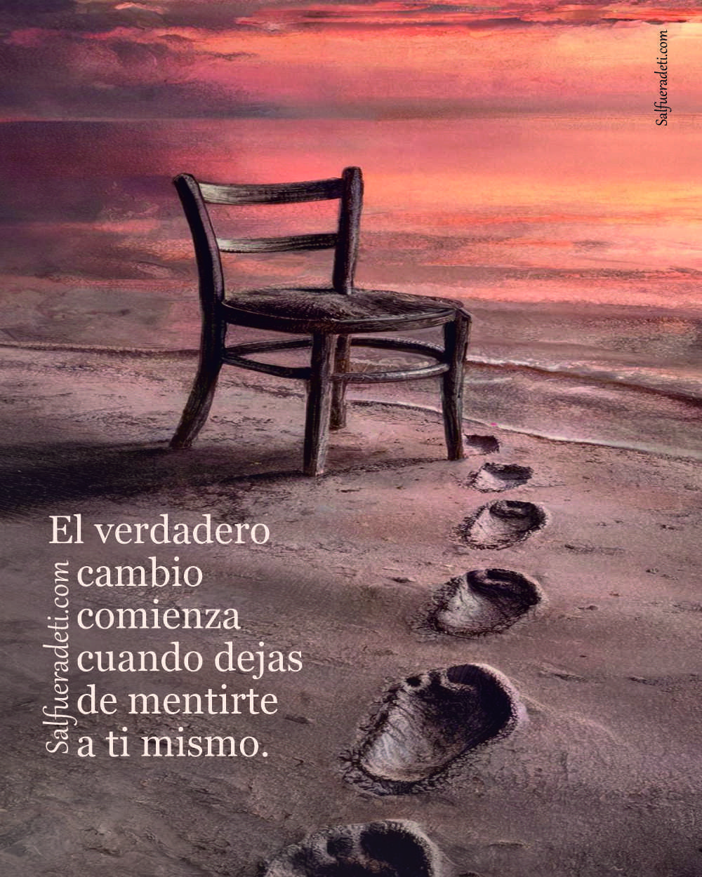 una silla en la arena de la playa, marcas de pisadas hasta llegar a la orilla del mar y el mar de fondo la imagen en un tono oscuro casi de tormenta