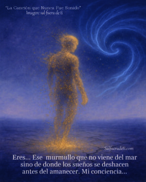 tonos grises y azules representa a dos figuras humanas andróginas abrazándose. La figura de la derecha tiene los ojos cerrados y su piel parece agrietada, con líneas doradas que rellenan las fisuras. Su mano izquierda descansa sobre el brazo de la otra figura. La figura de la izquierda también tiene los ojos cerrados y apoya su cabeza contra la de la otra. Sus brazos rodean la cintura de la figura agrietada. El fondo es un degradado suave de grises y azules, creando una atmósfera melancólica y de conexión íntima.