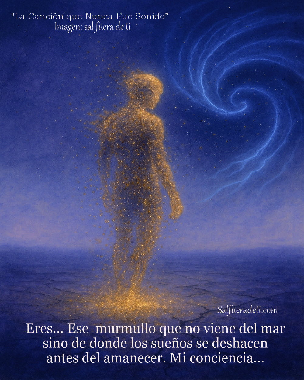 tonos grises y azules representa a dos figuras humanas andróginas abrazándose. La figura de la derecha tiene los ojos cerrados y su piel parece agrietada, con líneas doradas que rellenan las fisuras. Su mano izquierda descansa sobre el brazo de la otra figura. La figura de la izquierda también tiene los ojos cerrados y apoya su cabeza contra la de la otra. Sus brazos rodean la cintura de la figura agrietada. El fondo es un degradado suave de grises y azules, creando una atmósfera melancólica y de conexión íntima.