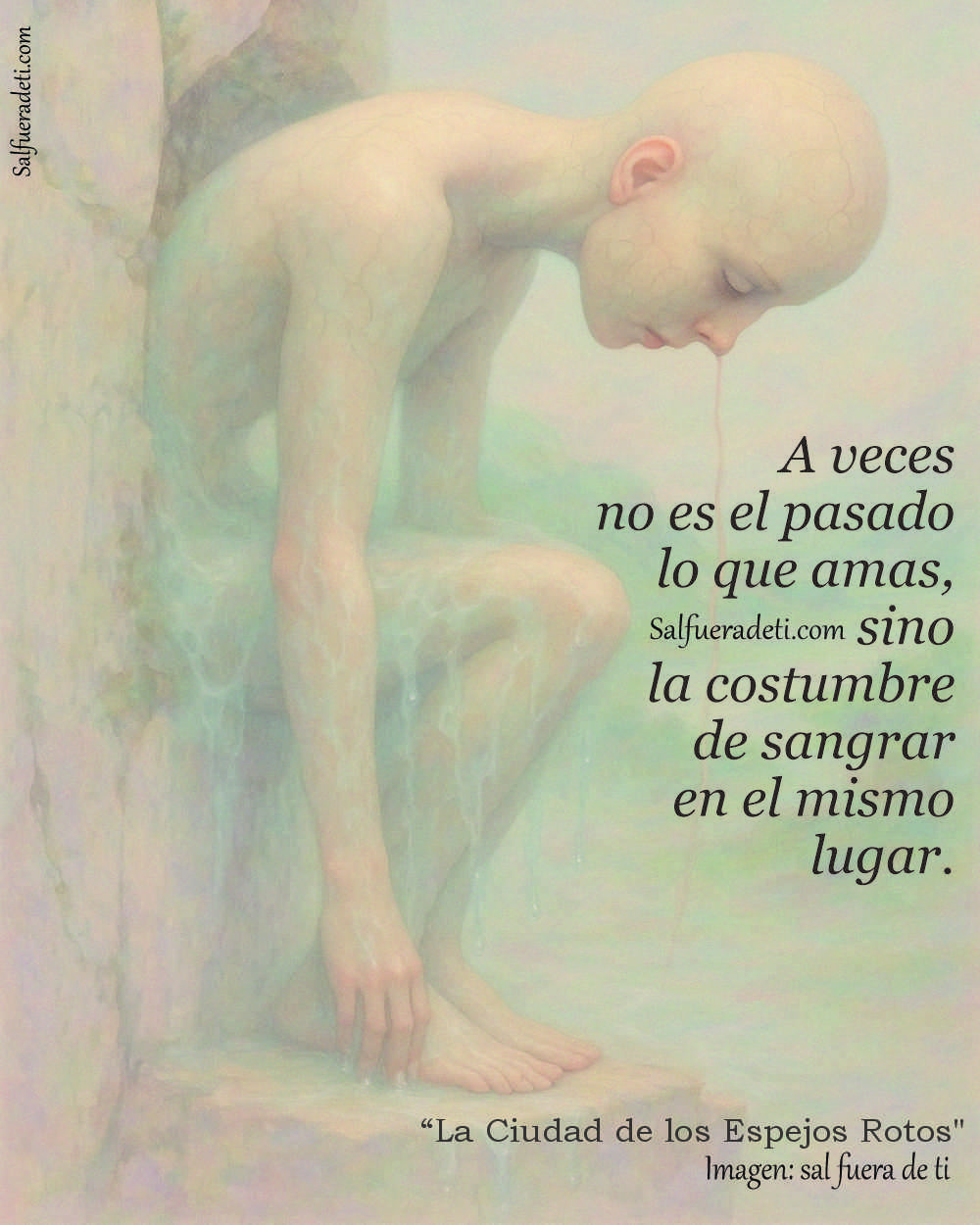 Dos figuras frente a espejos rotos, reflejados en mil pedazos. Una metáfora visual del amor que se atreve a mirarse, incluso al despedirse