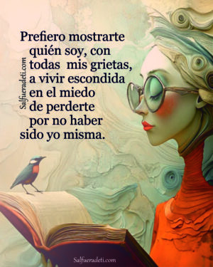 Mujer de perfil leyendo: La figura central es una mujer de perfil mirando hacia la derecha. Tiene un estilo artístico distintivo, con rasgos estilizados y colores vibrantes pero suaves. Su cabello tiene un movimiento ondulado y etéreo, con toques de color azul verdoso. Lleva gafas redondas de montura clara y tiene los ojos cerrados o mirando hacia abajo con una expresión serena. Sus labios son de un color rojo intenso.