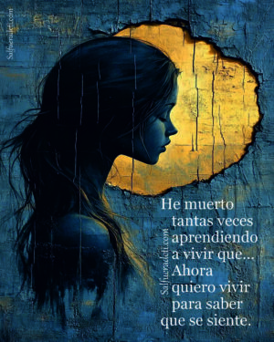 Silueta de mujer de perfil: La figura principal es la silueta oscura de una mujer de perfil mirando hacia la derecha. Su rostro está sereno y sus ojos parecen cerrados o mirando hacia abajo. Su cabello largo fluye hacia atrás.