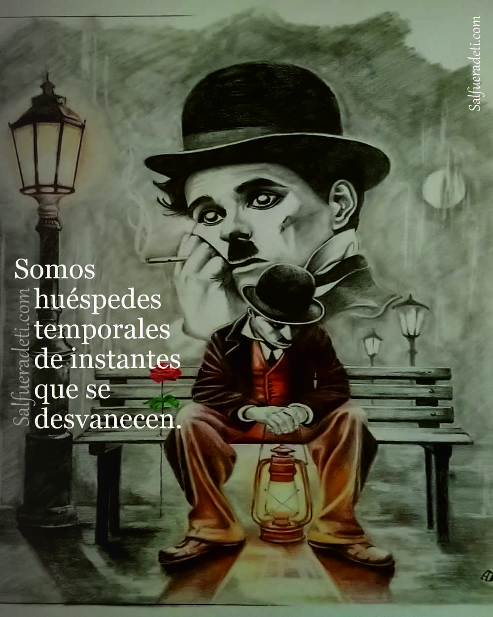 hombre sentado en un banco (caricatura de Charly Chaplin ) con un farol en la mano, farola al lado y la cara de Charly Chaplin detras del que esta sentado en el banco