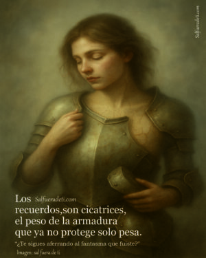 "Ilustración de una mujer despojándose lentamente de una armadura metálica. La pieza, que cae parcialmente sobre sus hombros, simboliza el peso emocional del pasado. Su rostro, sereno pero con grietas sutiles en la piel, sugiere vulnerabilidad y liberación. La atmósfera es etérea, con tonos suaves y difusos que refuerzan una sensación de introspección y transformación personal."