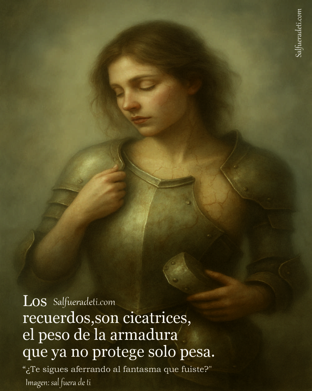 "Ilustración de una mujer despojándose lentamente de una armadura metálica. La pieza, que cae parcialmente sobre sus hombros, simboliza el peso emocional del pasado. Su rostro, sereno pero con grietas sutiles en la piel, sugiere vulnerabilidad y liberación. La atmósfera es etérea, con tonos suaves y difusos que refuerzan una sensación de introspección y transformación personal."