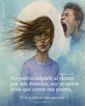 Ilustración en acuarela de una mujer y un hombre gritándose intensamente. La mujer, con el cabello agitado por el viento, enfrenta al hombre en una escena de fuerte carga emocional. El fondo es azul, etéreo y nebuloso, con un halo blanco detrás de ellos que acentúa la tensión psicológica. Representa una confrontación simbólica en una relación tóxica.