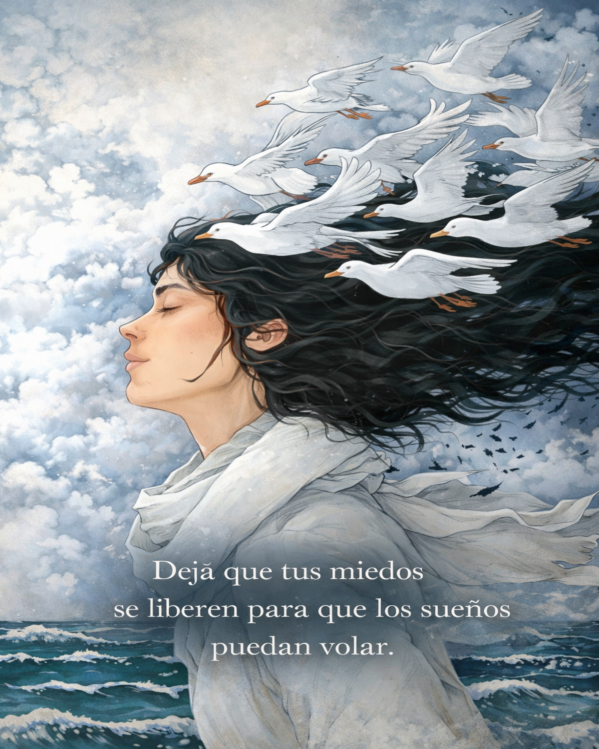 Ilustración simbólica de una mujer con los ojos cerrados mientras aves blancas emergen de su cabello, representando la liberación del miedo y el impulso interior para que los sueños avancen.