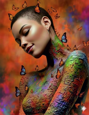 Acuarela minimalista de una figura de espaldas con grietas doradas en su piel, fusionada con una estructura arquitectónica marina en tonos fríos.