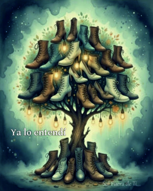 Árbol onírico con zapatos iluminados colgados de sus ramas, técnica de acuarela y doble exposición, simbolizando la claridad tras soltar el pasado.