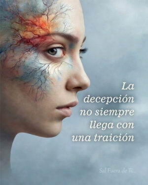 Primer plano de una mujer con raíces de colores brotando de su frente y mejilla sobre fondo nebuloso.